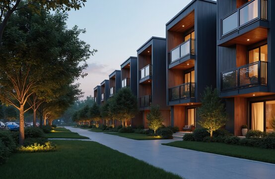 Row of modern townhouses with dark exteriors and wood accents. Balconies overlook a green lawn and walkway. Illuminated trees line the path at dusk.