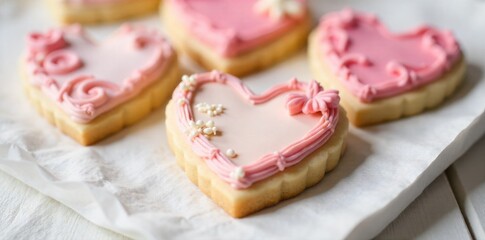 Delicate frosted cookies shaped like hearts with subtle decorative elements Close up macro photograph of several exquisitely decorated heart shaped cookies. The frosting is smooth and features subtle,