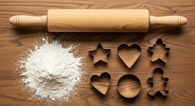 A wooden rolling pin, a pile of flour, and various cookie cutters are arranged on a wooden surface.