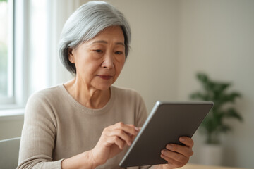 Fototapeta premium AI generated elderly Asian woman reading health suggestions on a tablet in a bright, natural light-filled room. The woman is focused on the screen with a calm expression