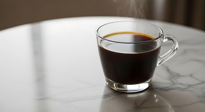A clear glass mug filled with steaming hot black coffee sits on a marble tabletop.