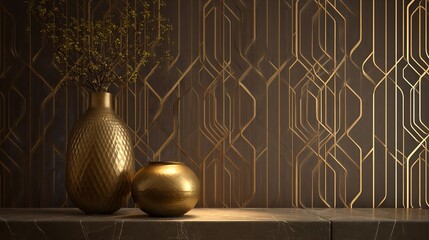 Elegant art deco style interior design with golden vases and textured wall background, luxurious home decor concept