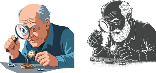Elderly watchmaker repairing wristwatch using magnifying glass, focused craftsmanship, precision work, antique clock restoration, vintage watch repair illustration concept