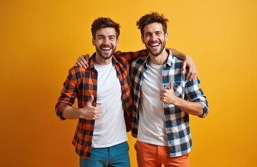 Two happy young men friends smile with arms around each other shoulders giving thumbs up. They wear plaid shirts and colorful pants posing for photo shoot on orange studio background.