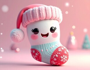 Cute Christmas stocking mascot with soft textures and festive chibi style. Great for holiday decorations and icons.