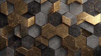 Abstract geometric background with interlocking hexagonal tiles in gold and dark gray concrete textures, creating a luxurious and modern pattern with dramatic lighting