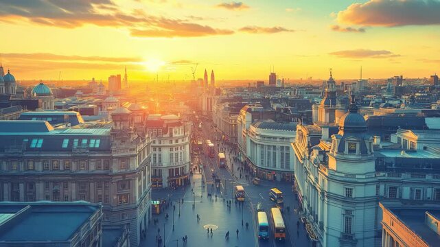 Aerial view of Piccadilly Circus during sunrise, showcasing the vibrant heart of London, Aerial view Piccadilly Circus at sunrise London UK