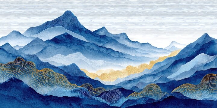 Tranquil mountain landscape art with blue, gold hues and layered peaks