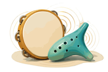 Traditional wooden tambourine and teal ceramic ocarina wind instrument isolated on white background