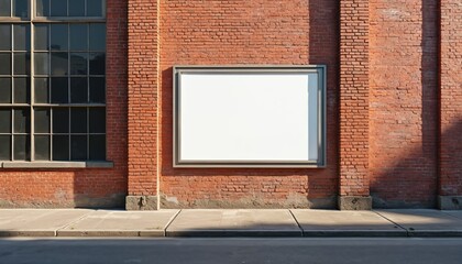 Blank white billboard on old red brick wall. Urban street scene with clean sidewalk, asphalt road. Large window with many panes on left. Sunlight casts shadows on building exterior. Empty public