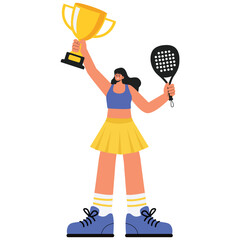 Padel Club Illustration. Vector illustration of Female padel player raises a large trophy with her racket, celebrating a proud championship win. Isolated on background