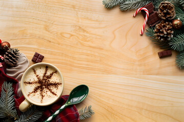 Rustic holiday composition featuring wrapped presents and natural winter elements