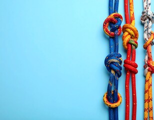 Colorful ropes, tied in knots, against a vibrant blue backdrop