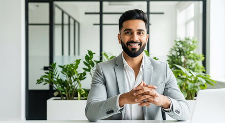 Confident Indian Businessman Smiling in Modern Office Setting