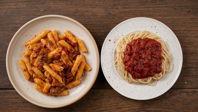Culinary Composition. A Study in Pasta Forms and Sauces on Wooden Surface, CloseUp.