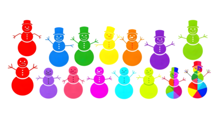 Collection of colorful cartoon snowmen with black outlines isolated on transparent background