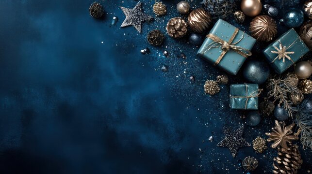 Festive dark blue textured background with scattered christmas ornaments and gift boxes in a corner arrangement