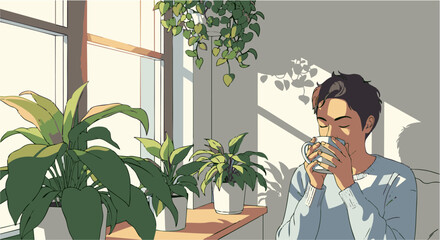 A young man peacefully enjoying his morning coffee or tea by a sunny window, surrounded by lush green houseplants in a cozy room illustration