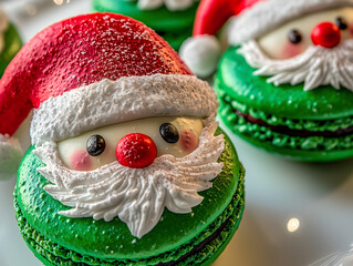 Handcrafted Christmas character macarons styled as cute snowman Santa treats​​​​​​​​​​​​​​​​