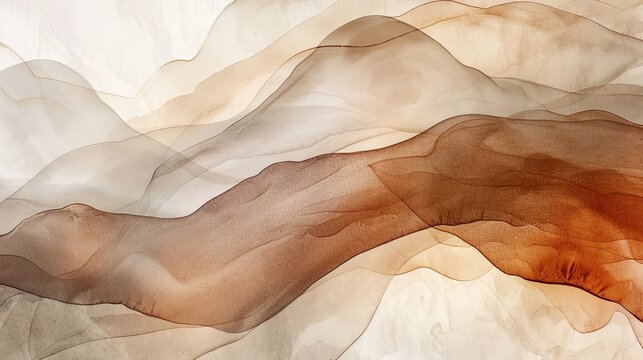 An abstract watercolor landscape featuring rolling hills and layers in earthy brown, warm beige, and terracotta tones. A warm, natural, and serene background for travel or nature-themed designs.