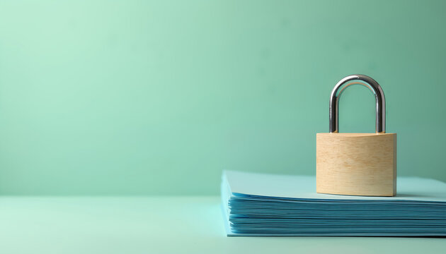 Wooden padlock rests on stack of blue paper sheets. Minimalist composition on mint background. Represents office security and document privacy.