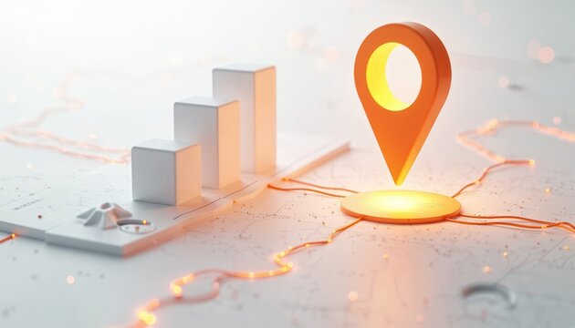 Abstract 3D render of location pin on map with glowing lines, bar chart. Digital data visualization for business strategy, data analytics research. Navigation insight, connectivity concept for modern