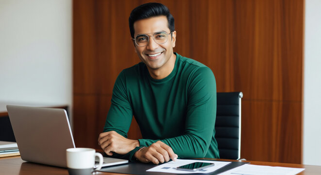 Confident Indian Man Smiling at Modern Office Desk - Powered by Adobe