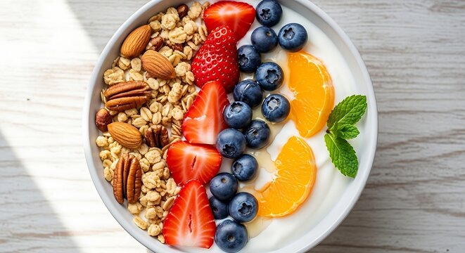 A vibrant and healthy breakfast bowl filled with granola, almonds, pecans, fresh strawberries, blueberries, and mandarin orange slices, topped with a sprig of mint. - Powered by Adobe