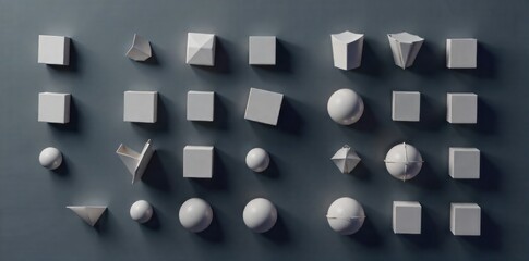 Geometric Wood Sculpture in Blender A minimalist 3D render of several clean, sharp geometric shapes (cubes, spheres, pyramids) artfully arranged and composed entirely of smooth, polished wood. Soft,