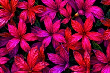 Abstract Arrangement of Tropical Flower Petals An abstract, artistic arrangement of overlapping, brightly colored tropical flower petals. The composition creates a visually striking pattern with bold,