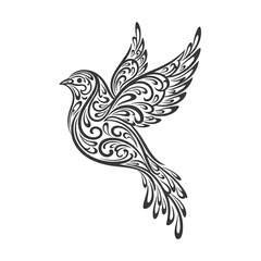 Stylized black and white drawing of a bird in flight with ornate swirl details