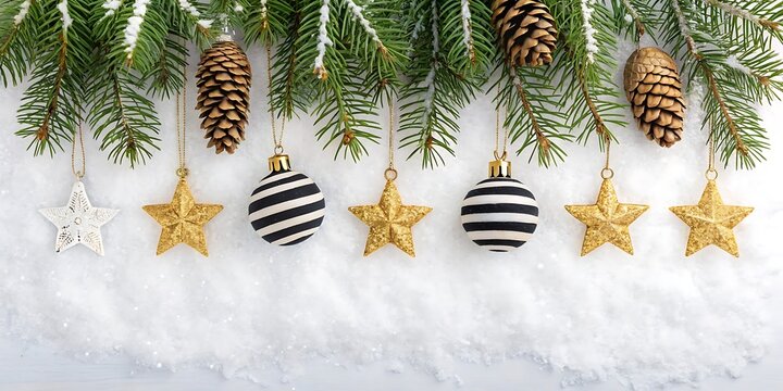 Festive christmas decorations featuring golden stars and striped ornaments hanging from pine branches adorned with pinecones on a snowy white background