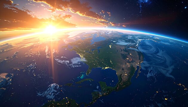 A vibrant sunrise casts golden light over Earth, revealing continents and oceans from a celestial perspective. Atmospheric glows are visible