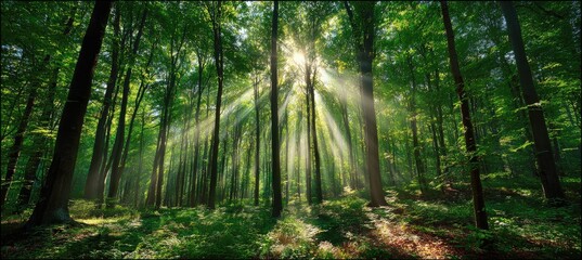 Obraz premium Sunlight streams through lush forest canopy, illuminating verdant trees and ground