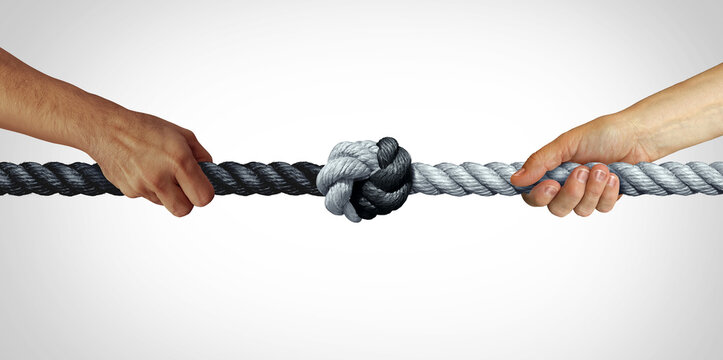 Conflict Escalation Concept as a Tug Of War Conflict with two people pulling black and white  Rope stretched with force as a symbol of increased contraint as a tight knot.