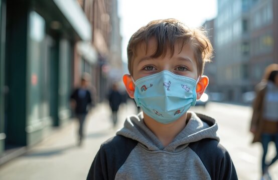 Young boy in face mask walks outdoors in the city. Child wearing protective mask smiles looking at camera. Street during COVID-19 pandemic. Face covering.