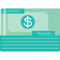 Stack Of Teal And Mint Green Bills With Dollar Sign In Center On White Background