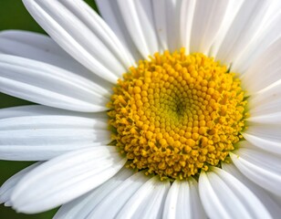 Extreme close-up of a white daisy with a vibrant yellow center, showcasing petals and intricate seed details