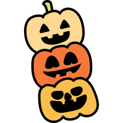 Stack Of Three Carved Halloween Pumpkins With Smiling Faces In Orange And Yellow Hues On A White Background With A Transparent Background