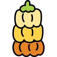 Stack Of Three Yellow Orange And Brown Pumpkins In A Vertical Arrangement With A Green Stem And A Transparent Background