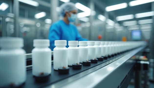 White plastic bottles move on conveyor belt in modern pharma factory. Pills placed into containers for packing, sealing. Worker in cleanroom suit oversees automated production line of medical