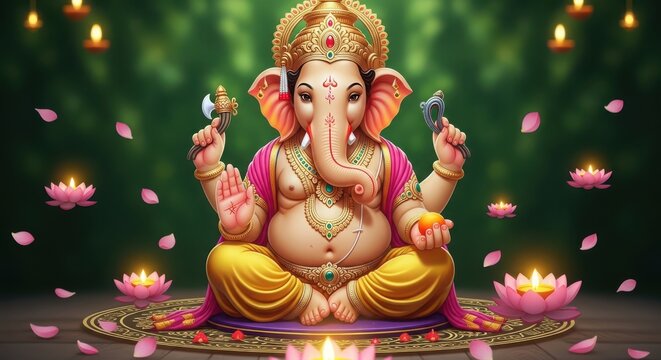 Lord ganesha meditating with lotus flowers and diyas