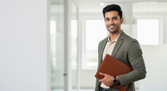 Smiling Indian Businessman Holding Portfolio in Modern Office