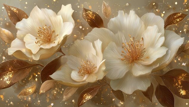 Three elegant cream flowers with gold accents and brown leaves, a delicate design