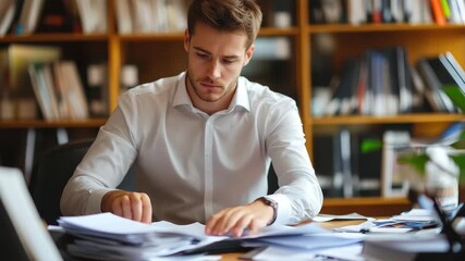 Financial data processing by caucasian businessman in a busy office environment, financial data processing over caucasian businessman in office - Powered by Adobe