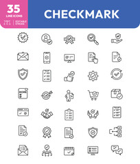 Collection of thirtyfive checkmark line icons representing various concepts