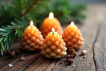 Rustic Pine Cone Candles with Natural Elements A close up, still life photograph of several pine cone shaped candles, some lit with a gentle, warm flicker, arranged artfully on a rustic wooden