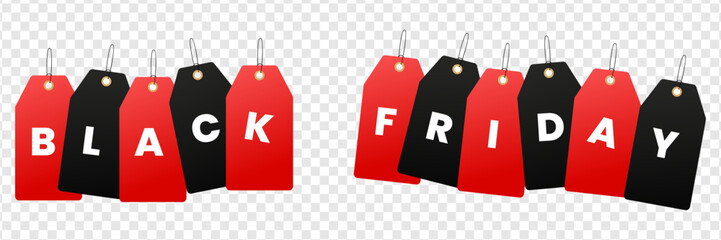 Black friday sale concept with red and black price tags spelling out the words black friday on a transparent background, perfect for seasonal promotions