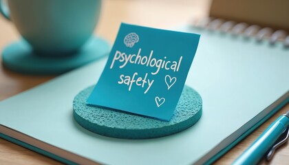 Blue sticky note on a notebook reads psychological safety with small heart drawings. Beside is a teal pen and coffee cup. Concept for workplace wellbeing and mental health.
