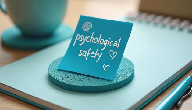 Blue sticky note on a notebook reads psychological safety with small heart drawings. Beside is a teal pen and coffee cup. Concept for workplace wellbeing and mental health. - Powered by Adobe